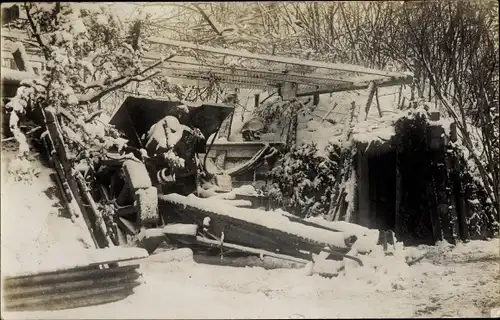 Foto Ak 21cm Mörser in Feuerstellung im Winter 1917, I WK