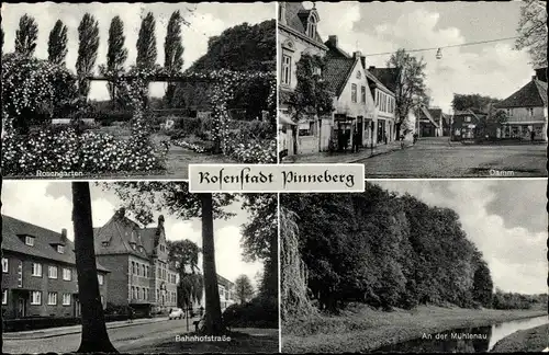 Ak Pinneberg in Schleswig Holstein, Rosengarten, Damm, Bahnhofstraße, Mühlenau