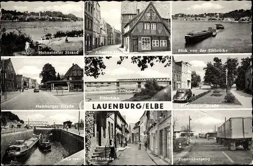 Ak Lauenburg an der Elbe, Schleuse, Strassenansicht, Brücke, Freibad, Zonenübergang