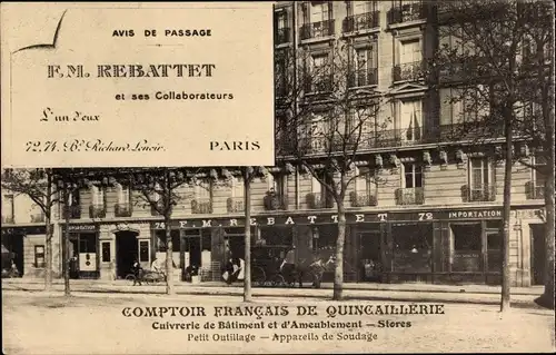 Ak Paris XI., Avis de Passage, Comptoir Francais de Quincaillerie, Boulevard Richard Lenoir