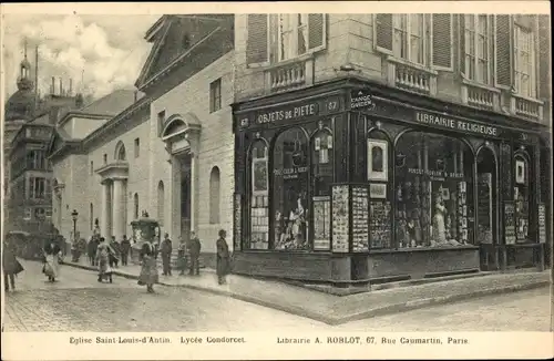 Ak Paris IX., Eglise Saint Louis d'Antin, Lycee Condorcet, Librairie A. Roblot, Rue Caumartin