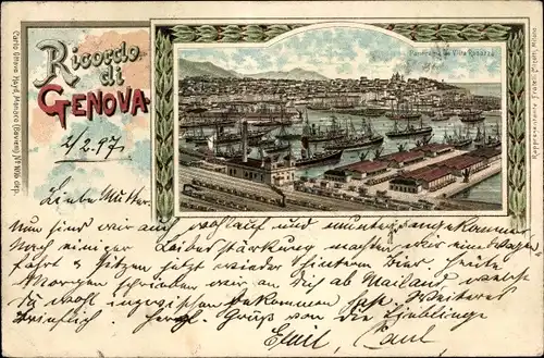 Litho Genova Genua Liguria, Panorama da Villa Rosazza, Hafen