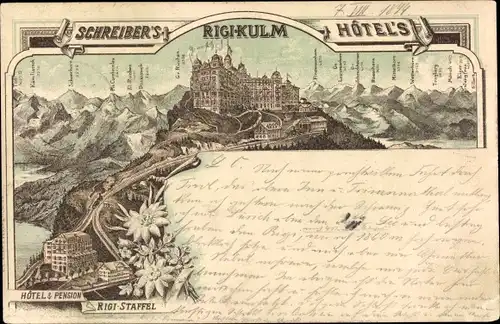 Vorläufer Litho Rigi Kulm Kanton Schwyz, Schreiber's Hotels, Rigi Staffel, Gebirgspanorama, 1894