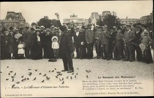 Ak Paris Frankreich, Charmeur d'Oiseaux aux Tuileries, Le Banquet des Moineaux