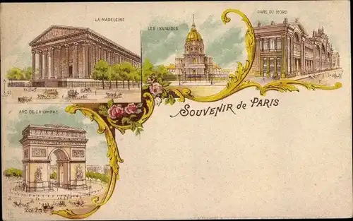 Litho Paris, Gare du Nord, les Invalides, Arc de Triomphe, la Madeleine