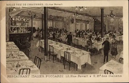 Ak Paris II, Rue Favart, Boulevard des Italiens, Poccardi Restaurant Italien, Salle rez de chaussée