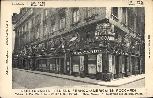 Ak Paris II, Rue Favart, Boulevard des Italiens, Poccardi Restaurants Franco-Américains Außenansicht