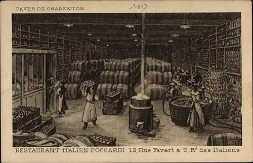 Ak Paris II, Rue Favart, Blvd des Italiens, Poccardi Restaurant Italien, Caves de Charenton