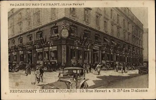 Ak Paris II, Rue Favart, Blvd des Italiens, Poccardi Restaurant Italien, Facade