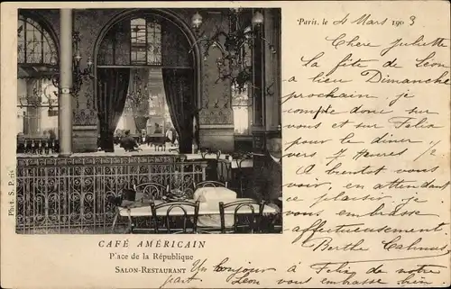 Ak Paris III, Place de la République, Café Américain, Salon Restaurant