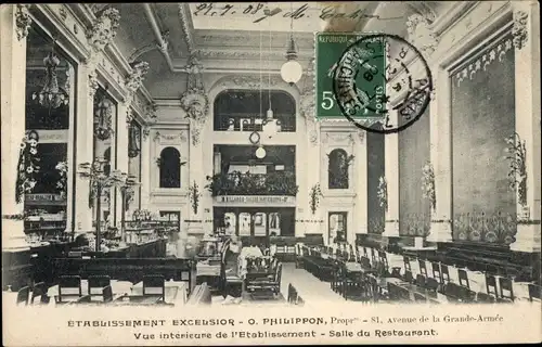 Ak Paris VIII,Avenue de la Grande Armée, Etablissement Excelsior, Salle du Restaurant