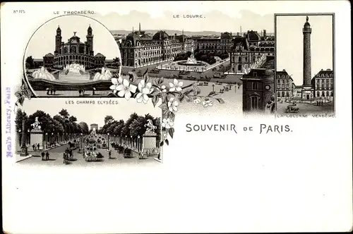 Litho Paris VII, Trocadéro, Colonne Vendôme, Champs Elysées, Louvre