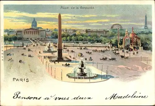 Litho Paris VIII., Place de la Concorde, Obélisque, Grande Roue, Tour Eiffel