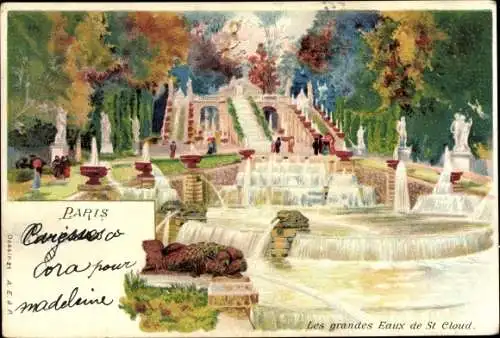 Litho Saint Cloud Coteaux Hauts de Seine, les grandes Faux, Wasserspiele, Wasserfälle