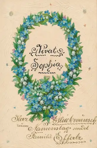 Ak Glückwunsch Namenstag, Blumenkranz, Vergissmeinnicht