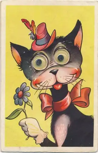 Wackelaugen Ak Schwarze Katze mit Blume, Hut