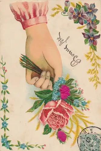 Präge Ak Menschliche Hand, Blumenstrauß, Rosen, Vergissmeinnicht