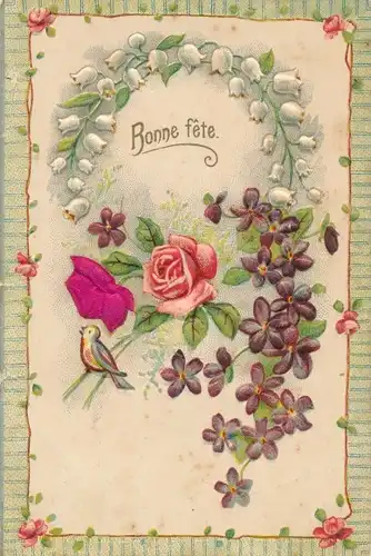 Präge Ak Blühende Blumen, Veilchen, Vogel, Rosen, Maiglöckchen