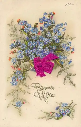 Ak Glückwunsch, Blumenstrauß, Vergissmeinnicht, Schleife aus Stoff