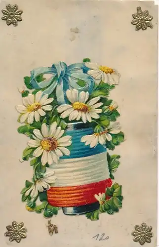 Ak Blumenstrauß, Blaue Schleife, Margeriten