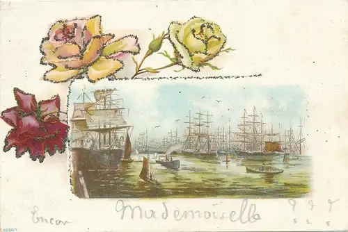 Ak Partie am Hafen, Segelschiffe, Rosen, Glitzer