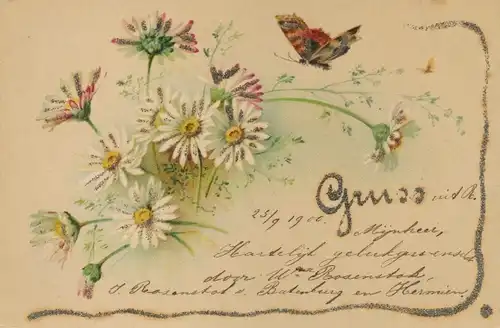 Ak Margeriten, Schmetterling, Blumenstrauß, Glitzer