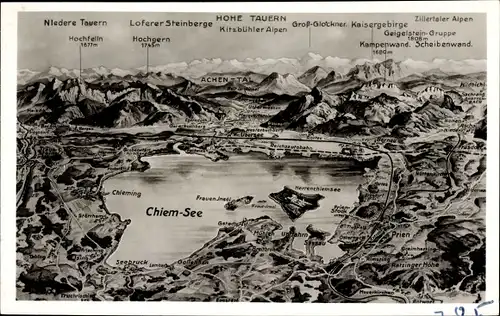 Landkarten Ak Herrenchiemsee Chiemsee Oberbayern, Hohe Tauern, Seebruck, Hochfelln, Prien