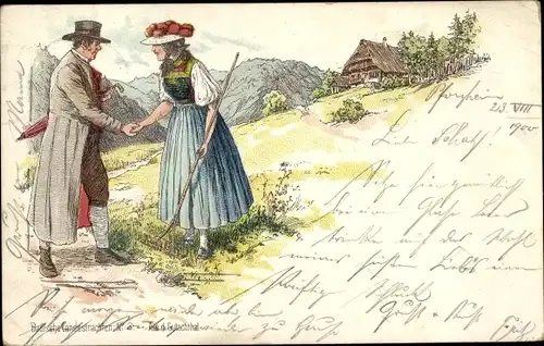 Litho Badische Volkstrachten No. 3, Paar in Tracht aus dem Gutachtal, Schwarzwald