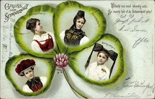 Kleeblatt Litho Gruß aus dem Schwarzwald, Volkstrachten, Neustädterin, Markgräflerin, Gutacherin