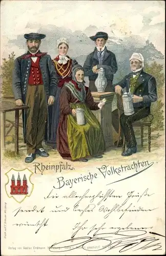 Litho Bayerische Volkstrachten, Rheinpfalz, Bierkrüge, Wappen
