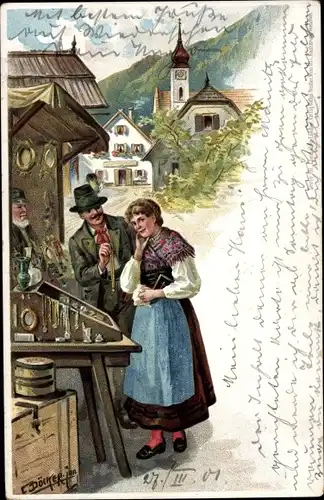 Künstler Litho Döcker, E., Paar in bayrischen Trachten an einem Schmuckstand
