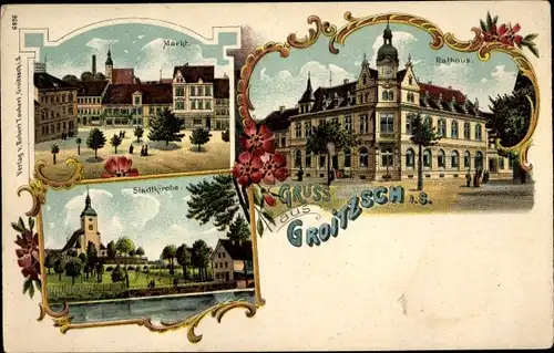 Litho Groitzsch in Sachsen, Rathaus, Stadtkirche, Markt