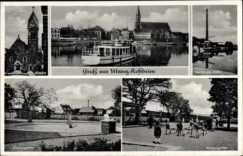 Ak Kostheim Mainz Rheinland Pfalz, Kirche, Hafenpartie, Kindergarten, Salondampfer