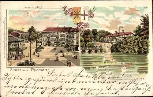 Wappen Litho Bad Pyrmont in Niedersachsen, Brunnenplatz, Wasserpartie