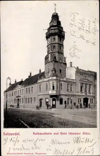 Ak Salzwedel in der Altmark, Rathausturm, Hotel Schwarzer Adler