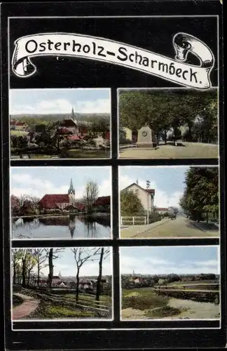 Ak Osterholz Scharmbeck in Niedersachsen, Denkmal, Kirche, Panorama