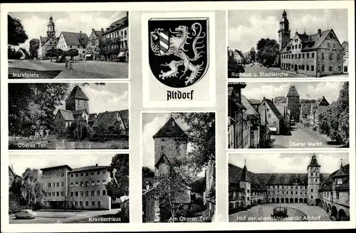 Wappen Ak Altdorf in Mittelfranken, Marktplatz, Oberes Tor, Rathaus, Kirche, Krankenhaus