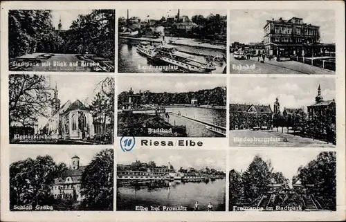 Ak Riesa an der Elbe Sachsen, Bahnhof, Landungsplatz, Klosterkirche, Stadtpark, Hindenburgplatz