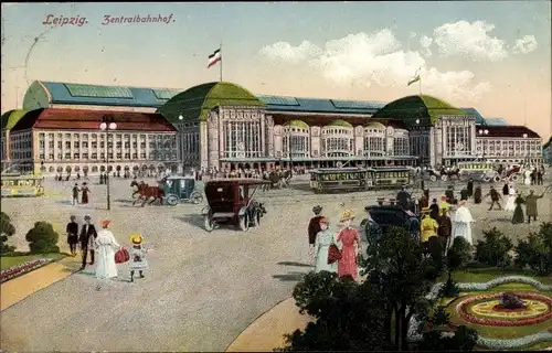 Ak Leipzig in Sachsen, Zentralbahnhof, Vorplatz, Trambahn, Kutschen