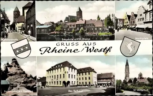 Ak Rheine in Westfalen, Emspartie, Münsterstraße, Tierpark, Rathaus, St. Antonius, Marktplatz