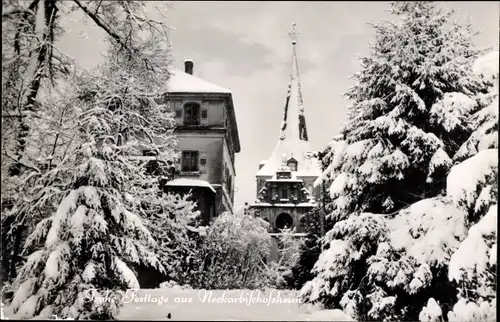 Ak Neckarbischofsheim in Baden, Winteransicht, Kirche, Festtagswünsche