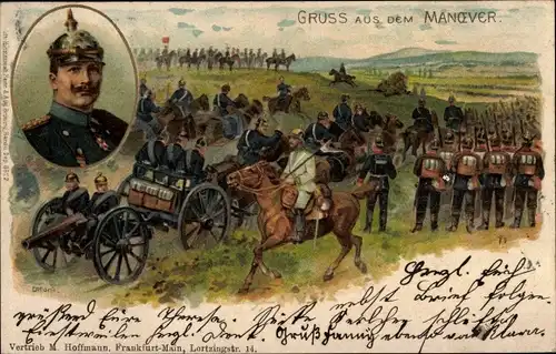 Litho Gruß aus dem Manöver, Deutsche Soldaten in Uniformen, Kaiser Wilhelm II.