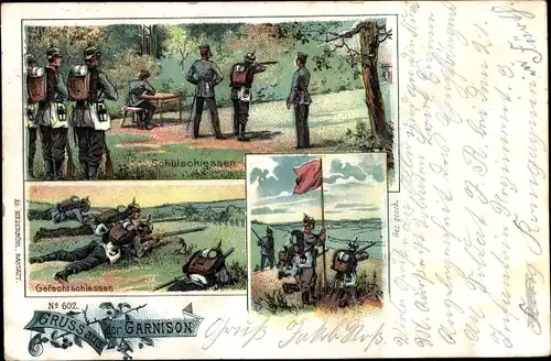 Litho Gruß aus der Garnison, Schulschießen, Gefechtschießen, deutsche Soldaten