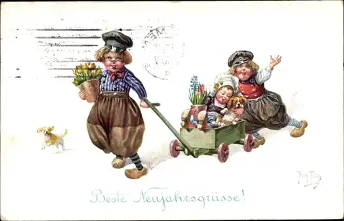 Künstler Ak Thiele, Arthur, Glückwunsch Neujahr, Kinder mit Handkarren