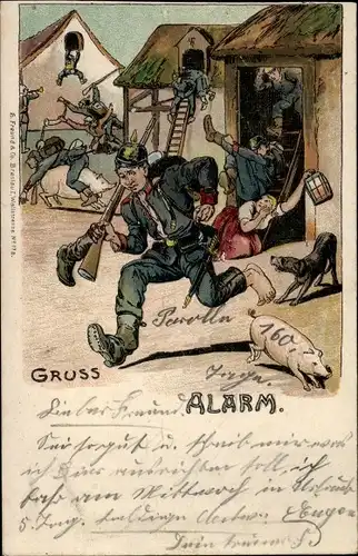 Litho Alarm, Deutsche Soldaten in Uniformen auf einem Bauernhof, Schwein