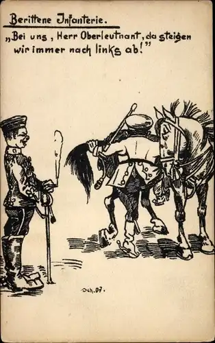Künstler Ak Berittene Infanterie, wir steigen immer nach links ab, deutsche Soldaten