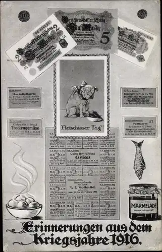 Ak Erinnerungen aus dem Kriegsjahre 1916, Fleischloser Tag, Lebensmittelmarken