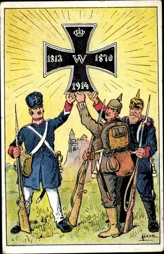 Künstler Ak Bahr, Kriegs Wohlfahrtskarte, Eisernes Kreuz, Deutsche Soldaten in Uniformen