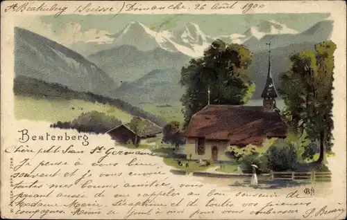Litho Beatenberg Kanton Bern, Blick auf den Ort, Kirche
