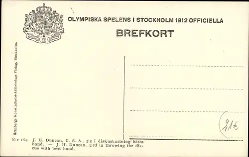 Ak Stockholm Schweden, Olympische Spiele 1912, Olympiska Spelens, Diskuswerfer J. H. Duncan